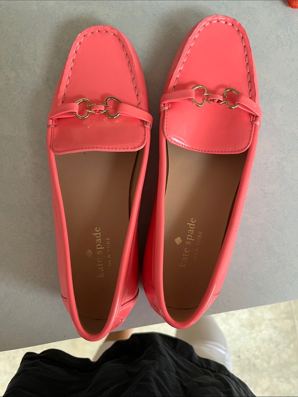 kate spade Coral Pink Leather Loafers with Gold-Tone Bit